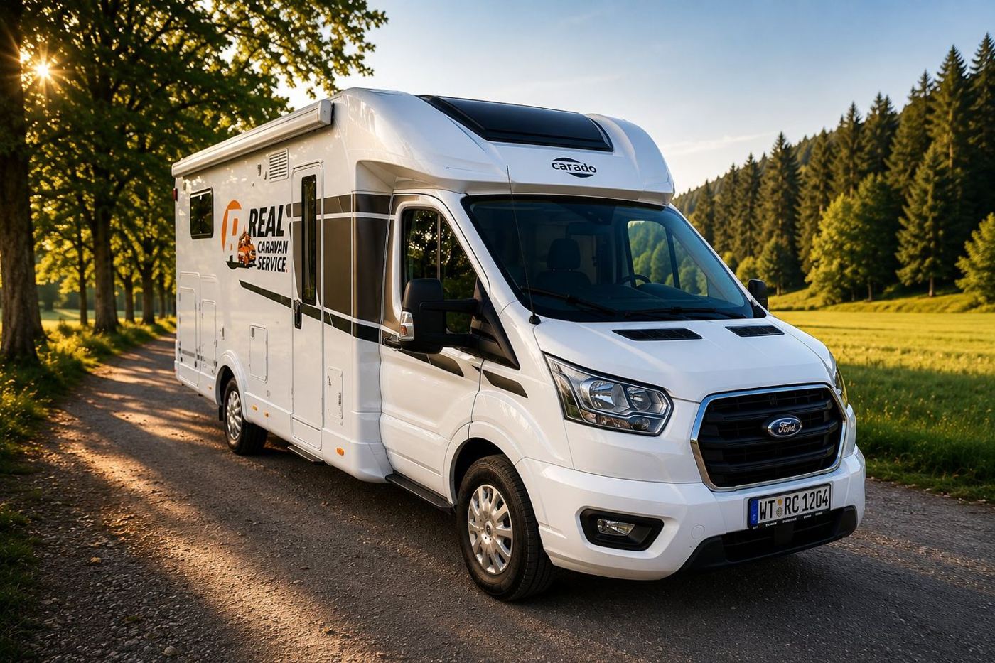 Außenansicht Seite – Carado T447 Carado T447 von REAL Caravan Service – Seitenansicht auf einer Waldstraße im Südschwarzwald