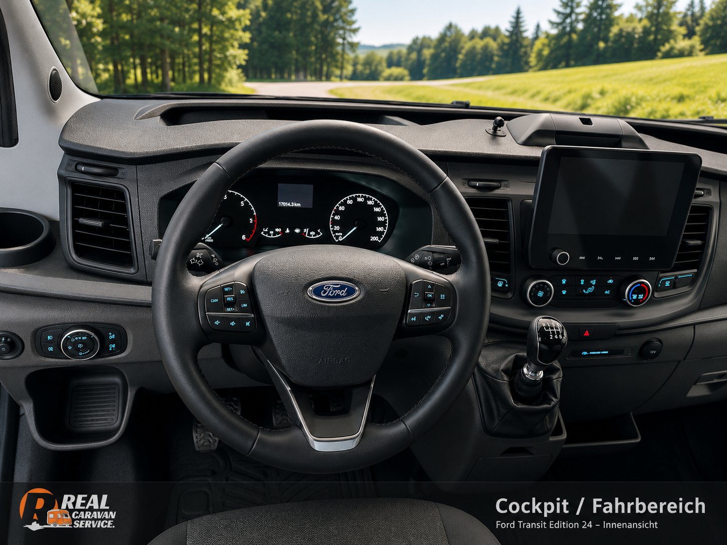 Cockpit / Fahrbereich – Carado T447 Ford Transit Cockpit des Carado T447 – Fahrbereich mit Schaltgetriebe und Multimedia