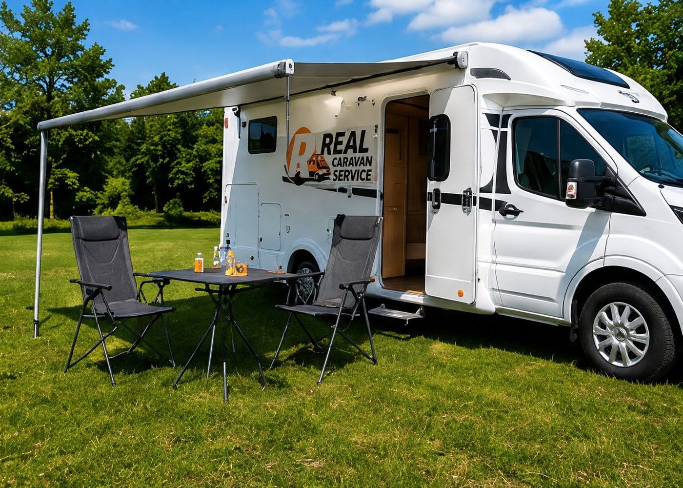 Camping mit Markise – Carado T447 Carado T447 mit ausgefahrener Markise, Tisch und Stühlen auf der Wiese
